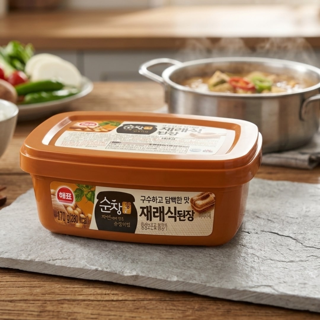 Sajo Sunchang Traditional Soybean Paste Doenjang | Snack Affair Archives Orange rectangular container of Korean miso-like paste on a kitchen table with a pot of stew in the background, label featuring Korean text 재래식된장.