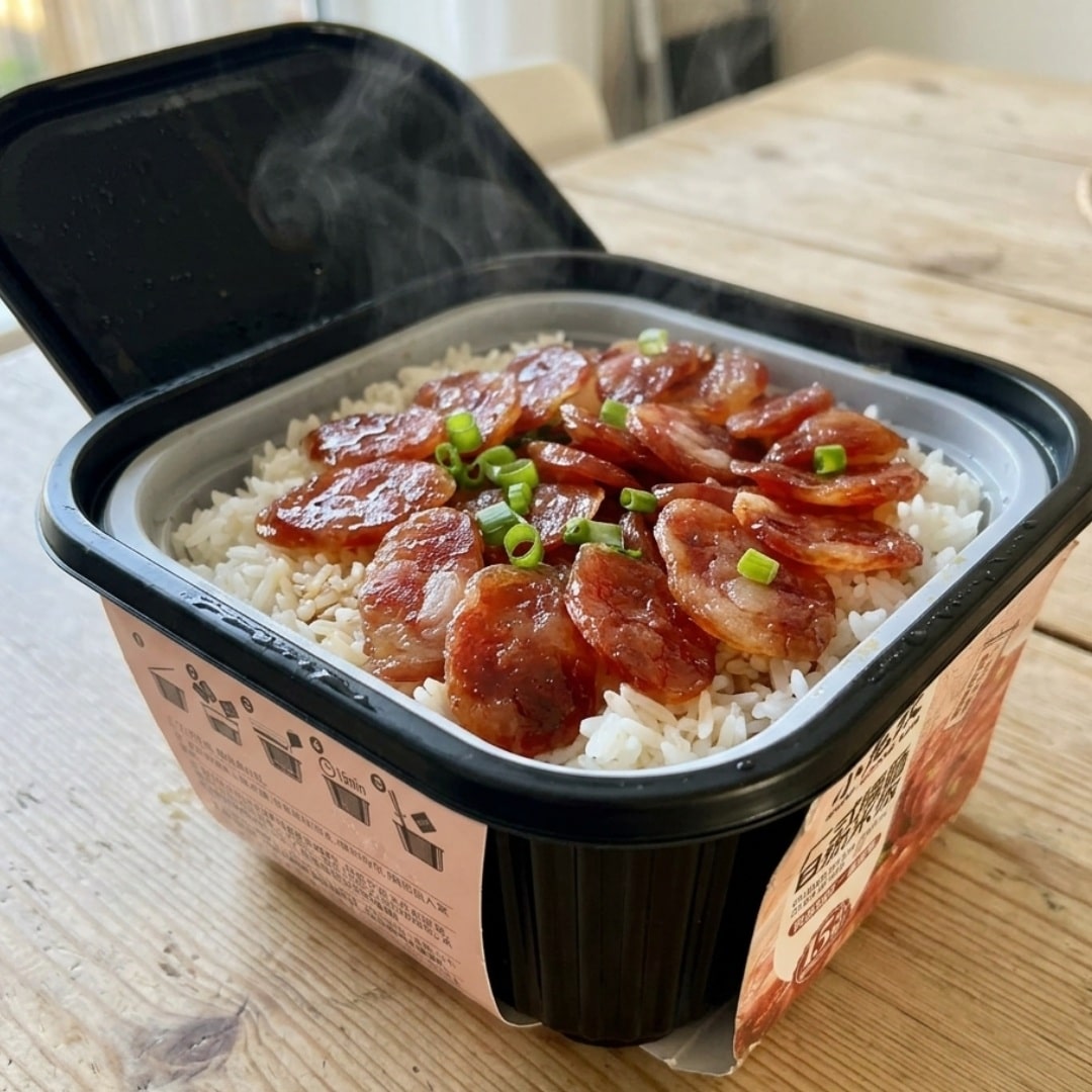 Shoo Loong Kan Self Heating Rice Cantonese Sausage 1 | Snack Affair Archives Takeout container with white rice topped by glazed sliced meat and chopped green onions, steam rising from the dish.