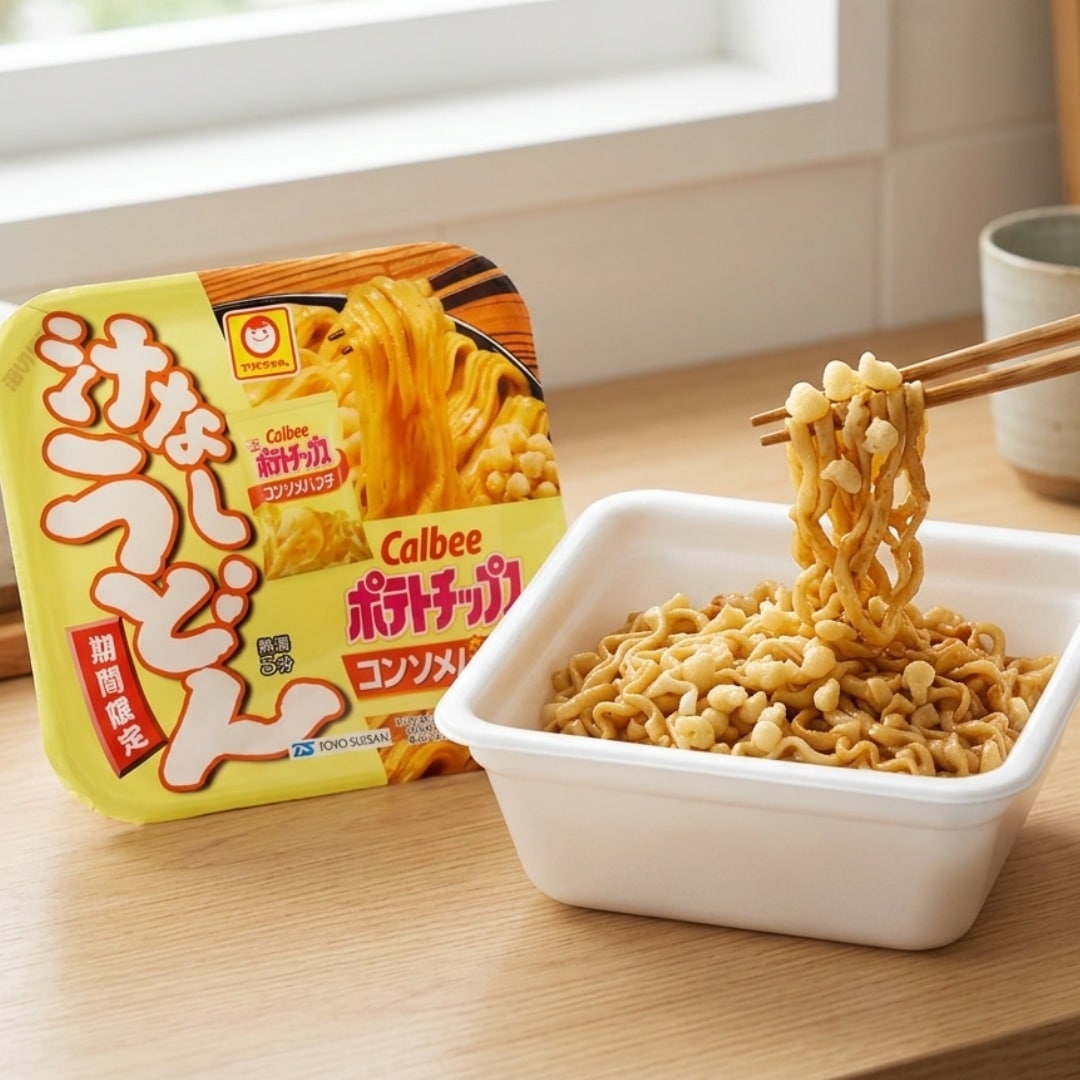 Toyo Suisan Soupless Udon Calbee Consommé Punch Flavour 2 | Snack Affair Archives Yellow Calbee instant noodle package beside a white dish of cooked ramen, with chopsticks lifting noodles from the bowl on a wooden surface.