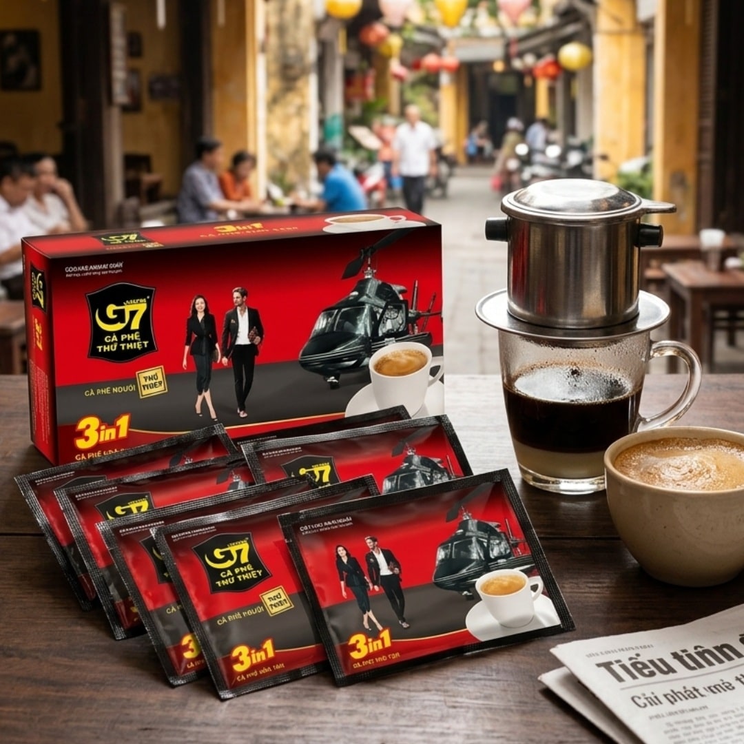 Trung Nguyen G7 3 in 1 Instant Coffee 21 Sachets | Snack Affair Archives Box and sachets of G7 3-in-1 coffee on a wooden table with a coffee pot and cup, outdoor café setting in the background.