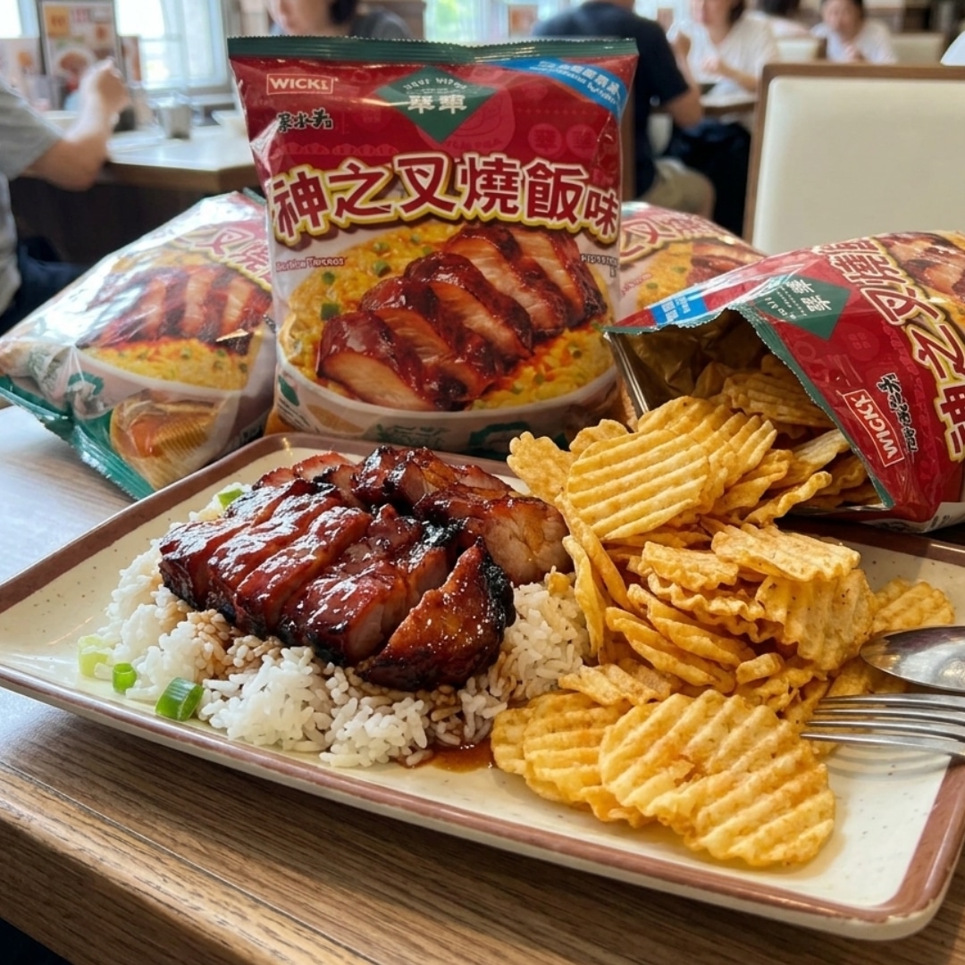 Tsui Wah Signature Char Siu Rice Flavour Potato Chips 1 | Snack Affair Archives Plate with sliced glazed barbecue pork over white rice and scallions, plus a side of ridged potato chips; background shows instant noodle bags in a restaurant.