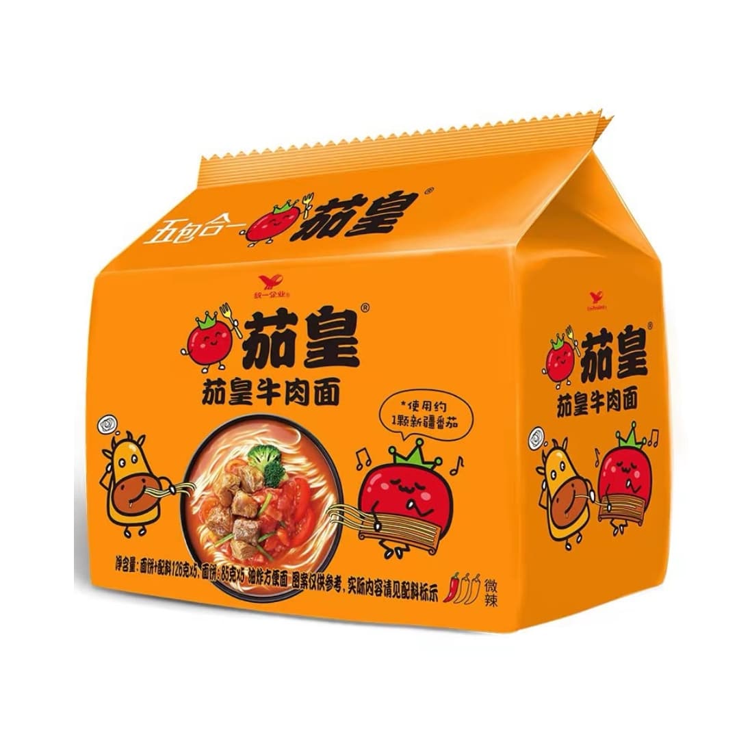 UniPresident Tomato King Beef Noodles 1 | Snack Affair Archives Orange packaged instant beef noodles box with cartoon tomato characters and Chinese branding text on the front.