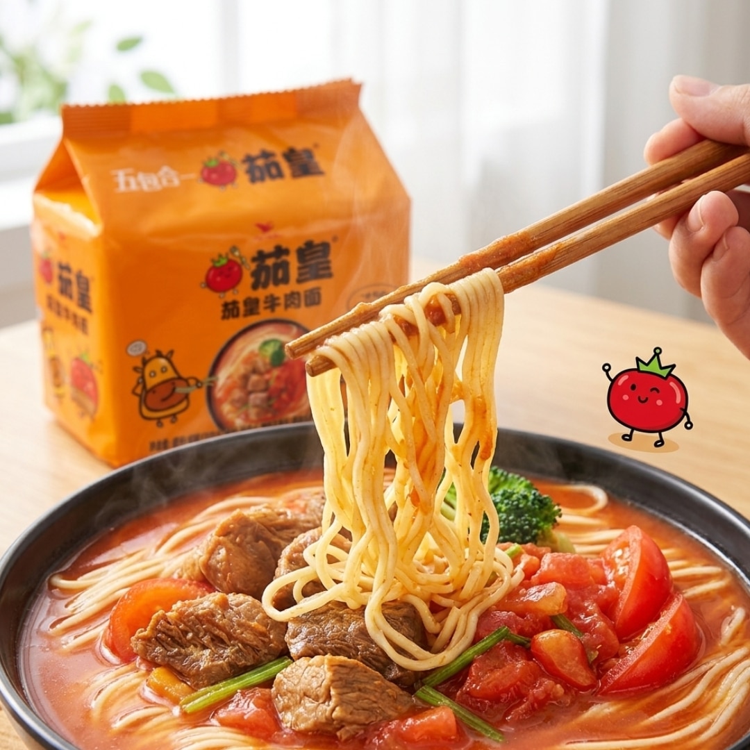 UniPresident Tomato King Beef Noodles 2 | Snack Affair Archives Beef noodle soup in a black bowl with tomatoes and broccoli; chopsticks lift a tangle of noodles from the broth, orange packaged noodles in the background.