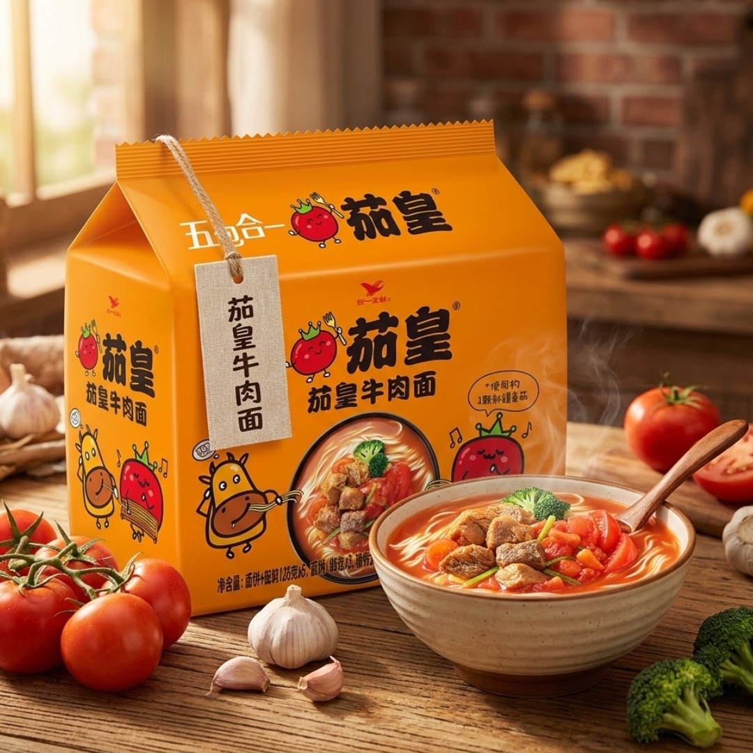 UniPresident Tomato King Beef Noodles | Snack Affair Archives Orange instant noodle package with cartoon tomato characters and Chinese text, next to a steaming bowl of beef noodle soup on a wooden table surrounded by tomatoes and garlic (informational product image).
