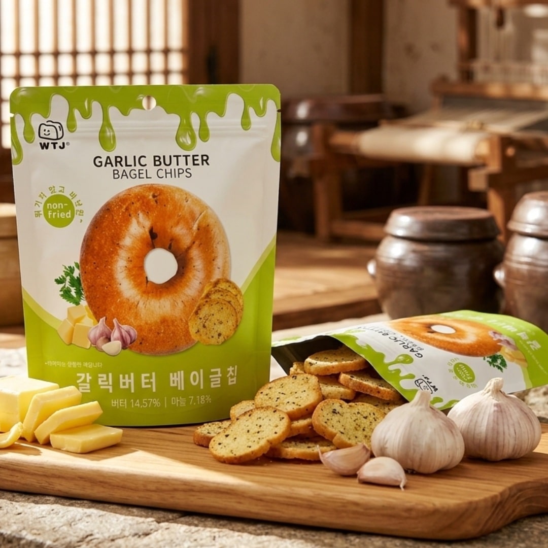WTJ Garlic Butter Bagel Chips 1 | Snack Affair Archives Bag of Garlic Butter Bagel Chips on a wooden board with garlic bulbs, cheese chunks, and crackers nearby; outdoor kitchen setting behind.
