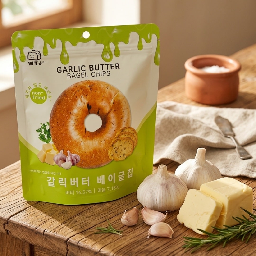 WTJ Garlic Butter Bagel Chips | Snack Affair Archives Bag of garlic butter bagel chips on a wooden table with garlic, butter, and rosemary nearby.
