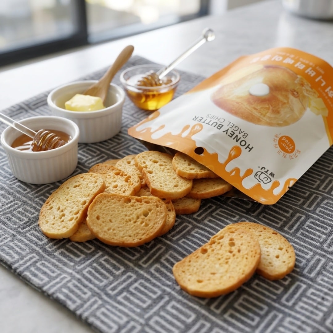WTJ Honey Butter Bagel Chips | Snack Affair Archives Crackers spill from an orange-and-white bag onto a geometric tablemat with butter, honey, and jam nearby for a snack setup.