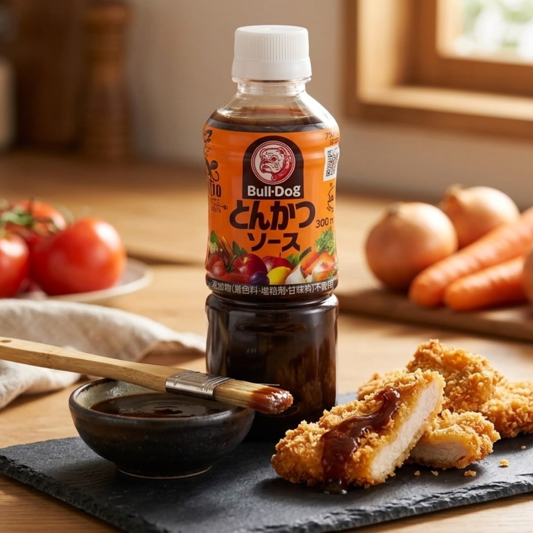 bulldog tonkatsu sauce 2 | Snack Affair Archives Bottle of Bull-Dog tonkatsu sauce centered on a slate with crispy fried chicken and a dipping sauce, chopsticks nearby.