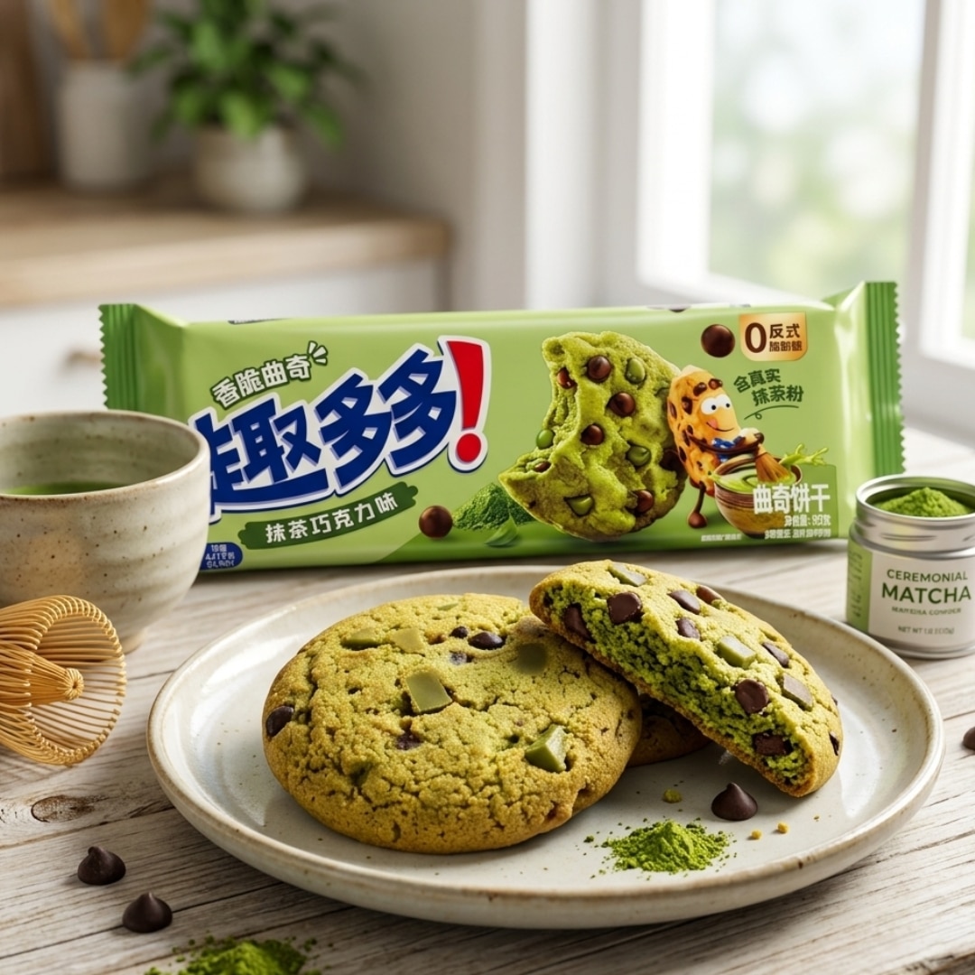 chips more chocolate chips matcha cookies 2 | Snack Affair Archives Matcha-flavored cookies with chocolate chips on a plate, a green cookie package and matcha jar in the background.