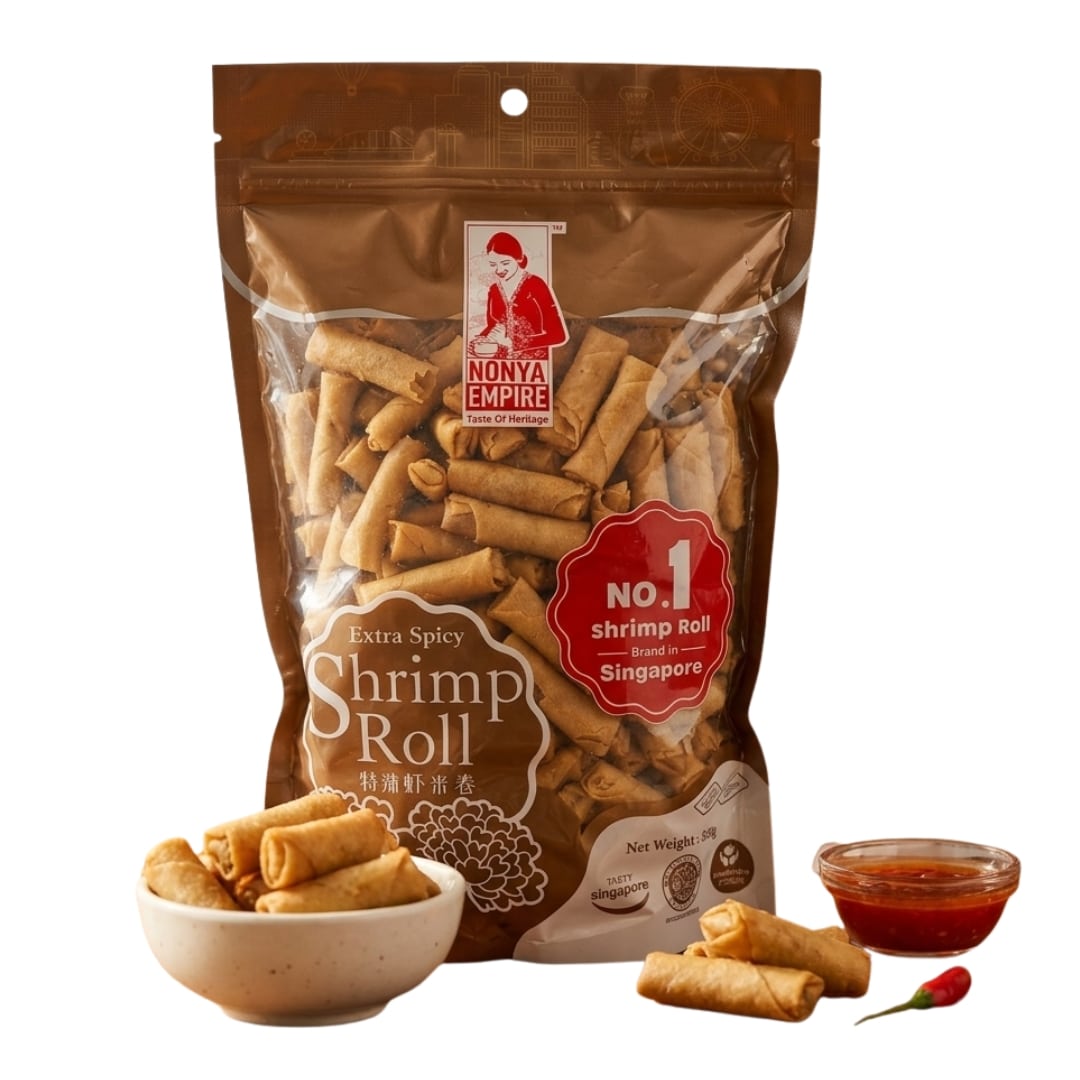 nonya empire extra spicy shrimp roll 3 | Snack Affair Archives Bag of Extra Spicy Shrimp Roll snacks by Nonya Empire with shrimp rolls in front, dipping sauce and chili pepper