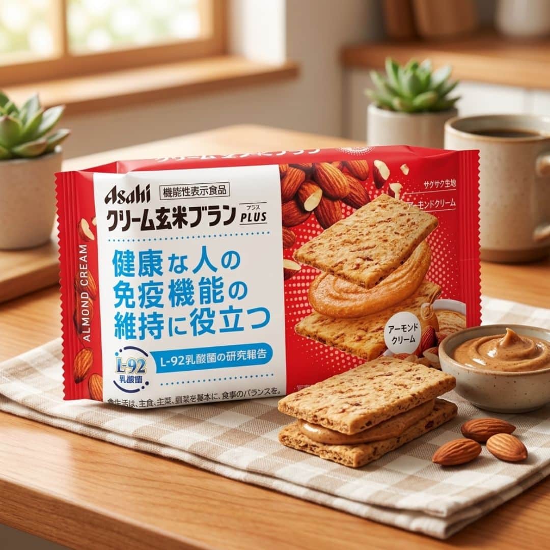 Asahi Cream Genmai Bran Plus Almond Cream Sandwich Biscuits | Snack Affair Archives Asahi almond cream crackers package on a wooden table with almonds, cookies, and a cup of coffee in the background.