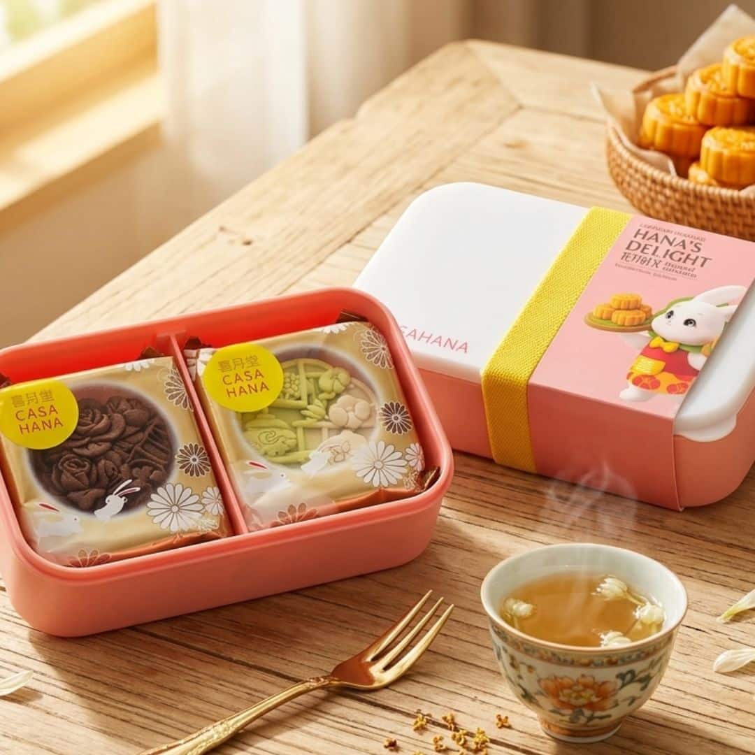 Casahana Hanas Delight Pistachio Mooncake Gift Set 1 | Snack Affair Archives Gift box with yellow ribbon beside a pink tray holding two wrapped pastries on a wooden table, with a cup of tea nearby.