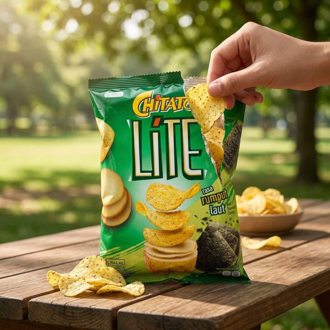 Chitato Lite Seaweed Flavour Potato Chips 1 | Snack Affair Archives A hand lifting a tortilla chip from a green Lite potato chips bag on a wooden picnic table outdoors with chips nearby.