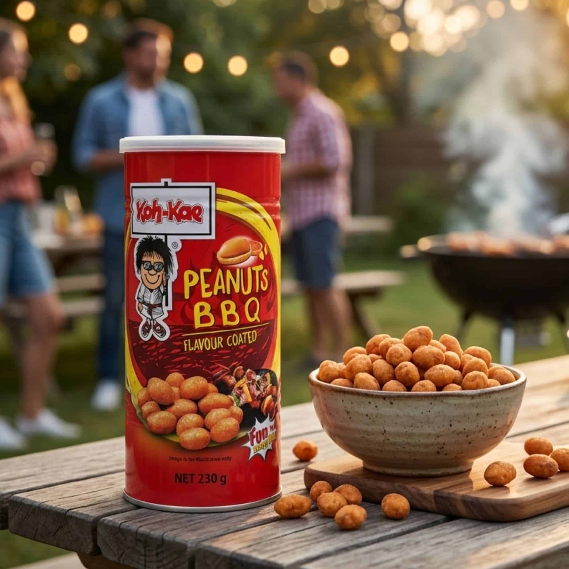 Koh Kae Peanuts BBQ flavour coated 230g LIFESTYLE | Snack Affair Archives Red cylindrical snack can labeled Peanuts BBQ sits on a wooden table beside a bowl of roasted peanuts; blurred people and string lights in the background set an outdoor barbecue scene.