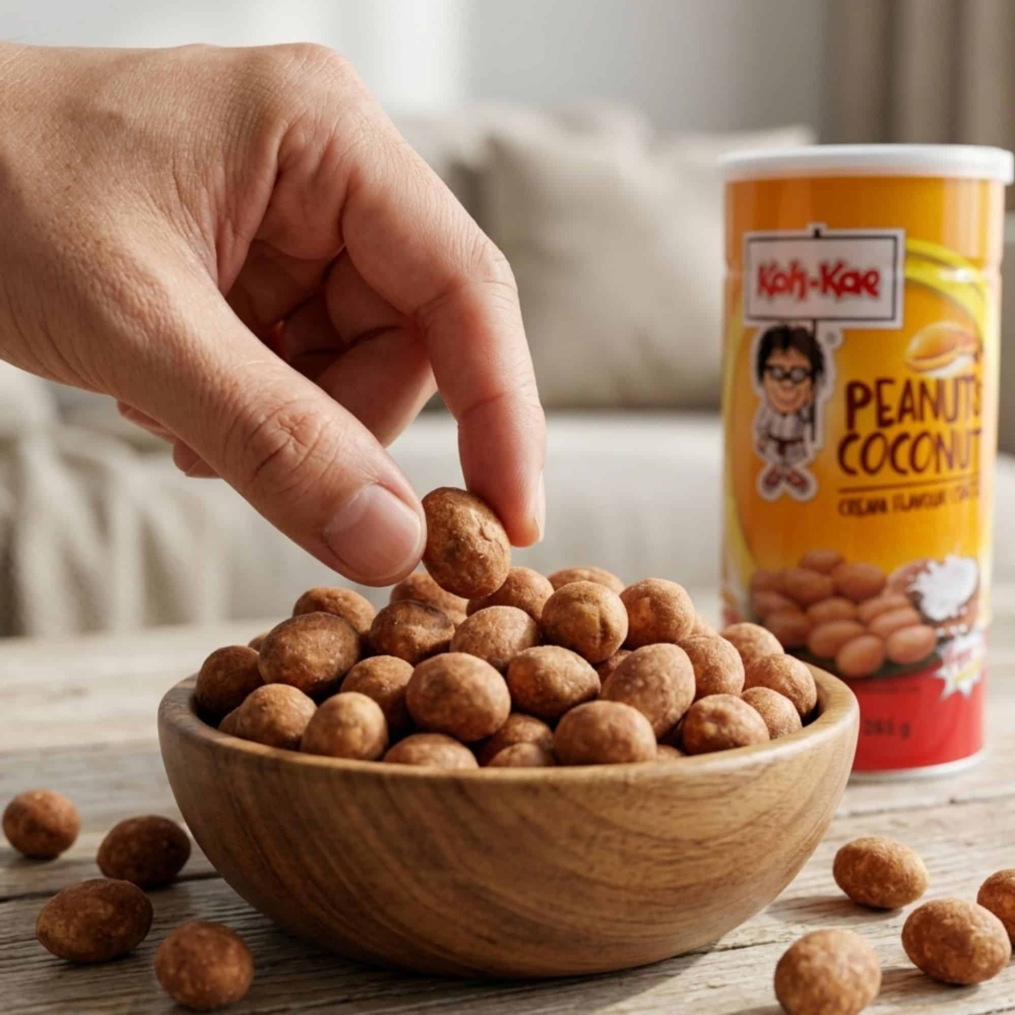 Koh Kae Peanuts coconut cream flavour coated 265g close up | Snack Affair Archives Hand picking up peanut-coated bite-sized balls from a wooden bowl on a rustic table, with a peanut snack container in the background.
