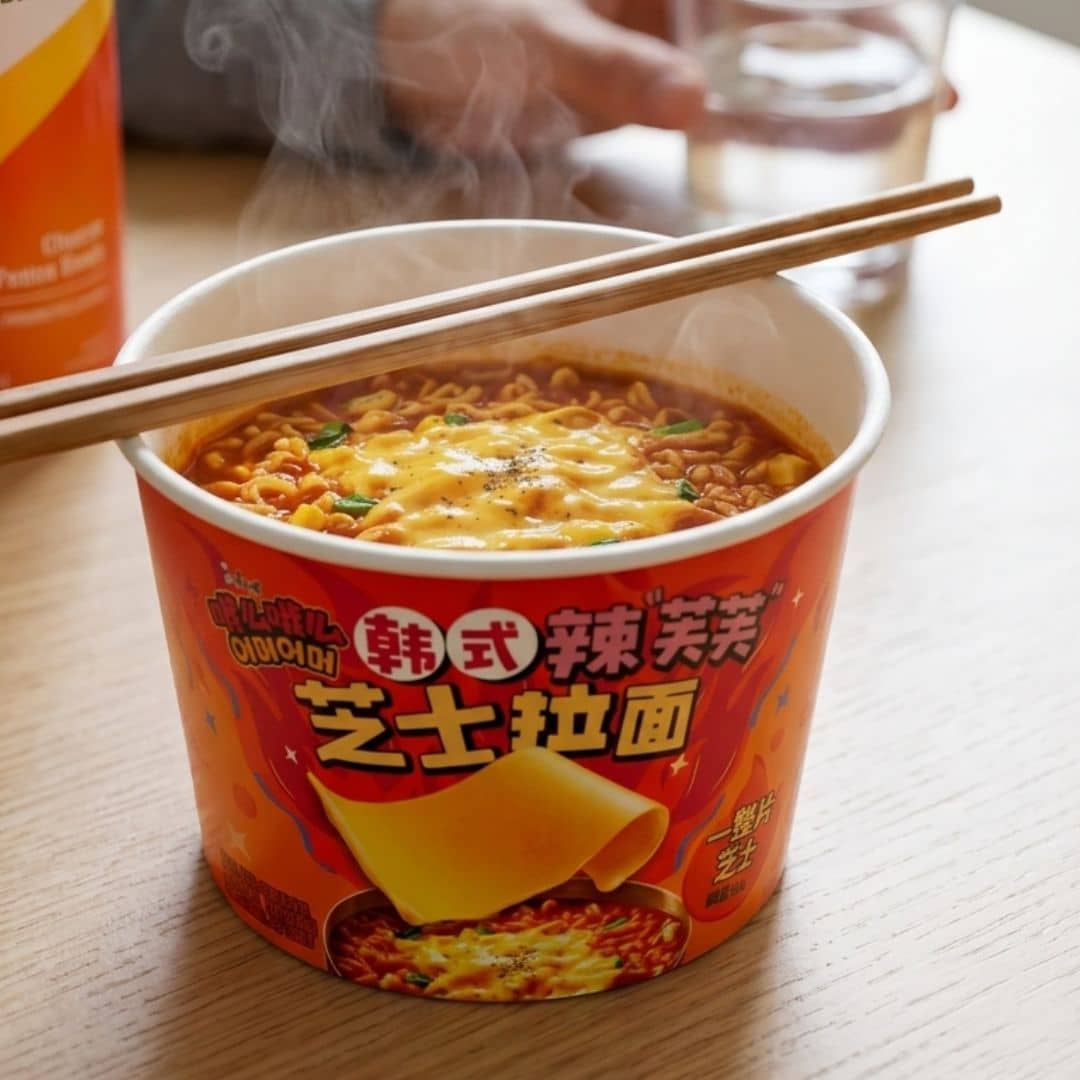 Master Kong Korean Spicy Cheese Ramen Bowl 1 | Snack Affair Archives Cup of spicy cheese ramen in a red container with chopsticks resting on top, steam rising from the noodles.