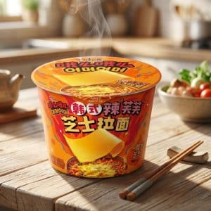 Orange cup of instant ramen with a cheese topping sits steaming on a wooden table, with chopsticks nearby and fresh vegetables in the blurred background.