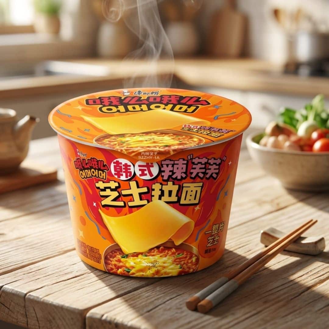 Master Kong Korean Spicy Cheese Ramen Bowl 2 | Snack Affair Archives Orange cup of instant ramen with a cheese topping sits steaming on a wooden table, with chopsticks nearby and fresh vegetables in the blurred background.