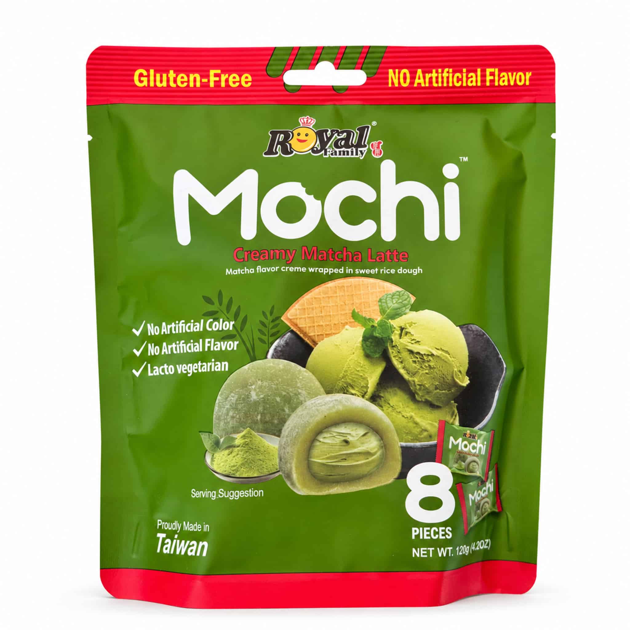 Royal Family Creamy Matcha Latte Mochi White Background | Snack Affair Archives Front of green bag with red top showing 'Gluten-Free' and 'No Artificial Flavor' on packaging for Royal Family Mochi ice cream.