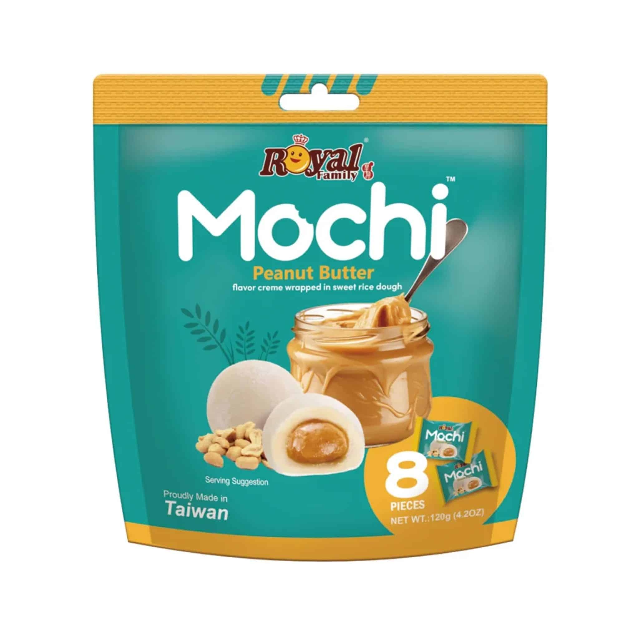 Royal Family Peanut Butter Mochi | Snack Affair Archives Teal packaging for Royal Family Mochi Peant Butter flavor, showing a jar of peanut butter and mochi pieces on the front.
