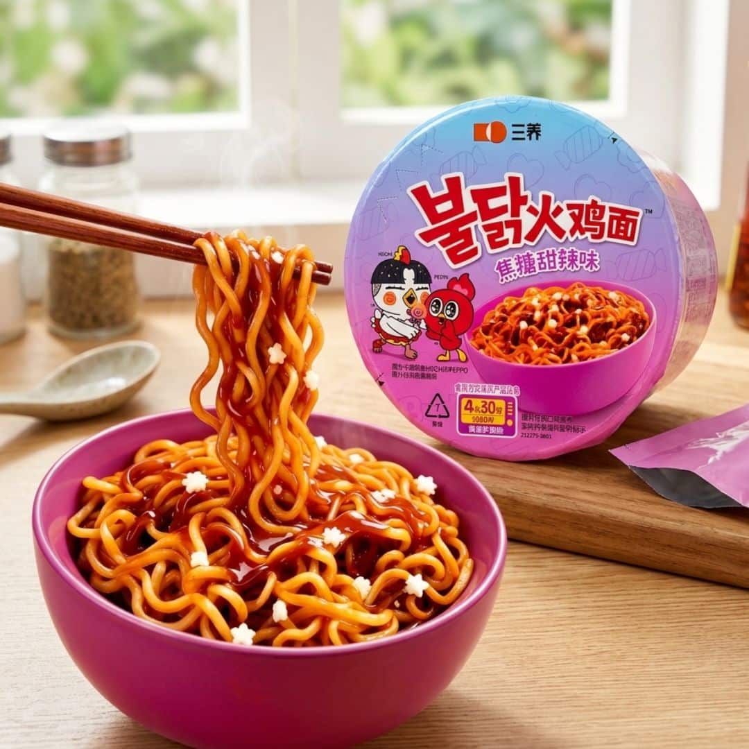 Samyang Buldak Caramel Sweet Spicy Chicken Bowl Noodles | Snack Affair Archives Cup noodles meal: pink bowl of saucy noodles with chopsticks lifting a strand, and a purple instant-noodle cup with cartoon characters in the background.