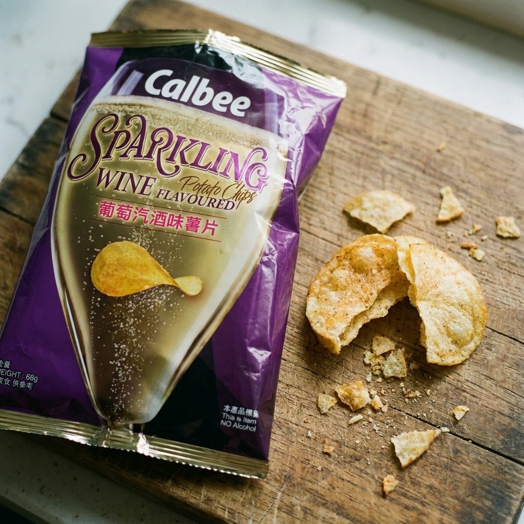 calbeesparklingwineflavouredpotatochips68gcloseup | Snack Affair Archives Purple Calbee Sparkling Wine-flavored potato chips bag with scattered broken chips on a wooden surface.