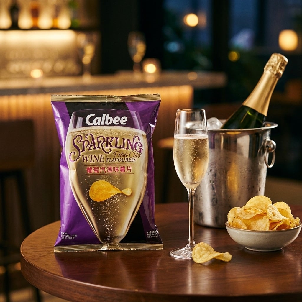 calbeesparklingwineflavouredpotatochips68glifestyle | Snack Affair Archives Bag of Calbee Sparkling Wine flavoured potato chips on a wooden table, with a champagne flute, ice bucket and bowl of chips nearby.