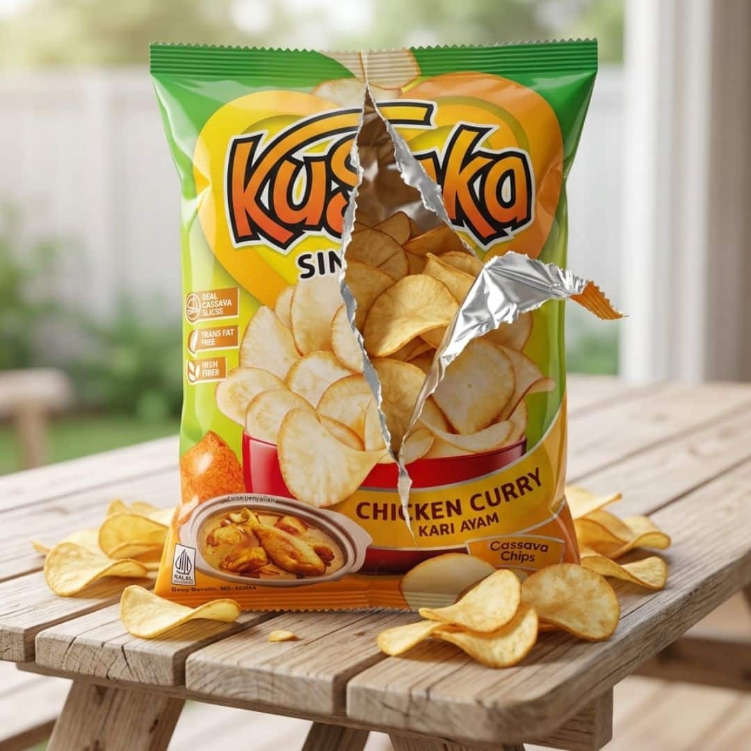 kusuka chicken curry cassava chips 1 | Snack Affair Archives Torn open bag of chicken curry cassava chips spilling onto a wooden table, chips scattered around.