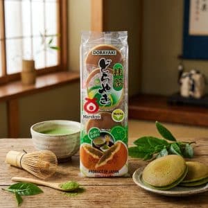 Archives Packaged matcha dorayaki by Marukyo on a wooden table with tea utensils and a plate of dorayaki in the foreground.