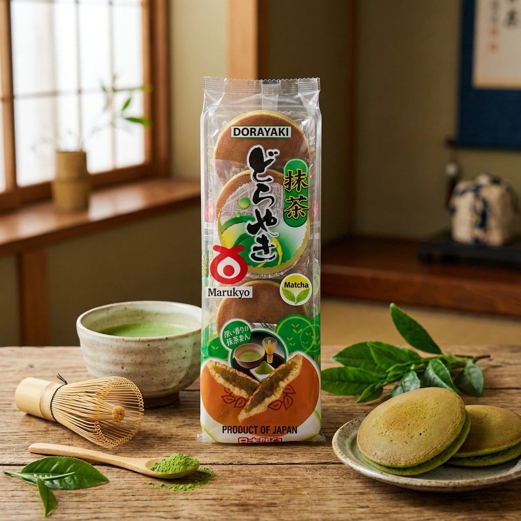 marukyomatchadorayakilifestyle | Snack Affair Archives Packaged matcha dorayaki by Marukyo on a wooden table with tea utensils and a plate of dorayaki in the foreground.