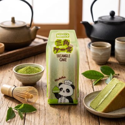 Green matcha triangle cake package with panda mascot labeled 'Triangle Cake' and 'Matcha' on a wooden table, surrounded by tea setup and utensils.