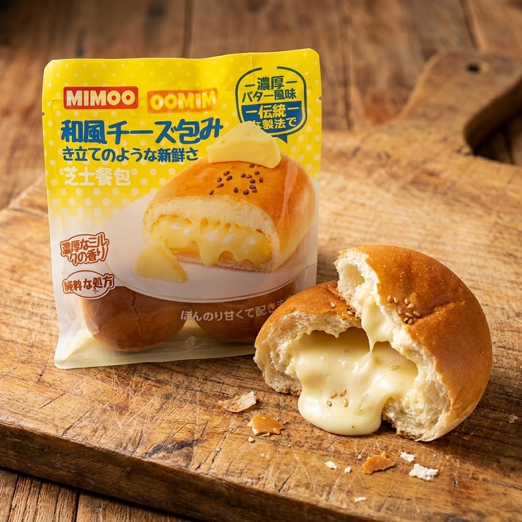 mimoo240gcloseup | Snack Affair Archives Japanese cheese-filled bread bun and yellow packaging on a wooden board; creamy cheese oozing from a split bun.