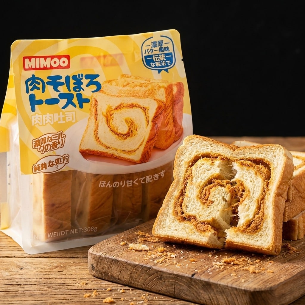 mimoomeatflosstoast308gcloseup | Snack Affair Archives Packaged Japanese swirl bread next to sliced loaf on a wooden board, showing a cinnamon swirl interior and stray crumbs on the surface.