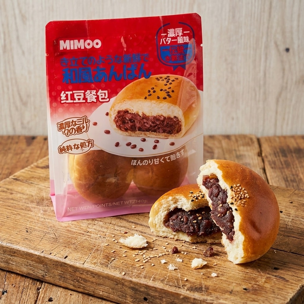 mimooredbeanbun210gcloseup | Snack Affair Archives Anpan bun torn open showing sweet red bean filling on a wooden surface with a red snack package in the background.