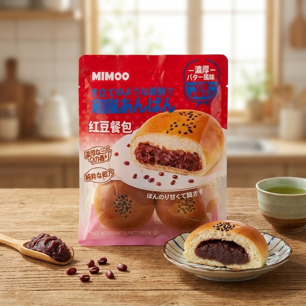 mimooredbeanbun210glifestyle | Snack Affair Archives MIMOO red bean bun snack package on a wooden table with a cross-section bun showing red bean filling and a plate nearby.