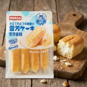Archives MIMOO snack package containing cream-filled cake sticks on a wooden board with a sliced cake and crumbs nearby.