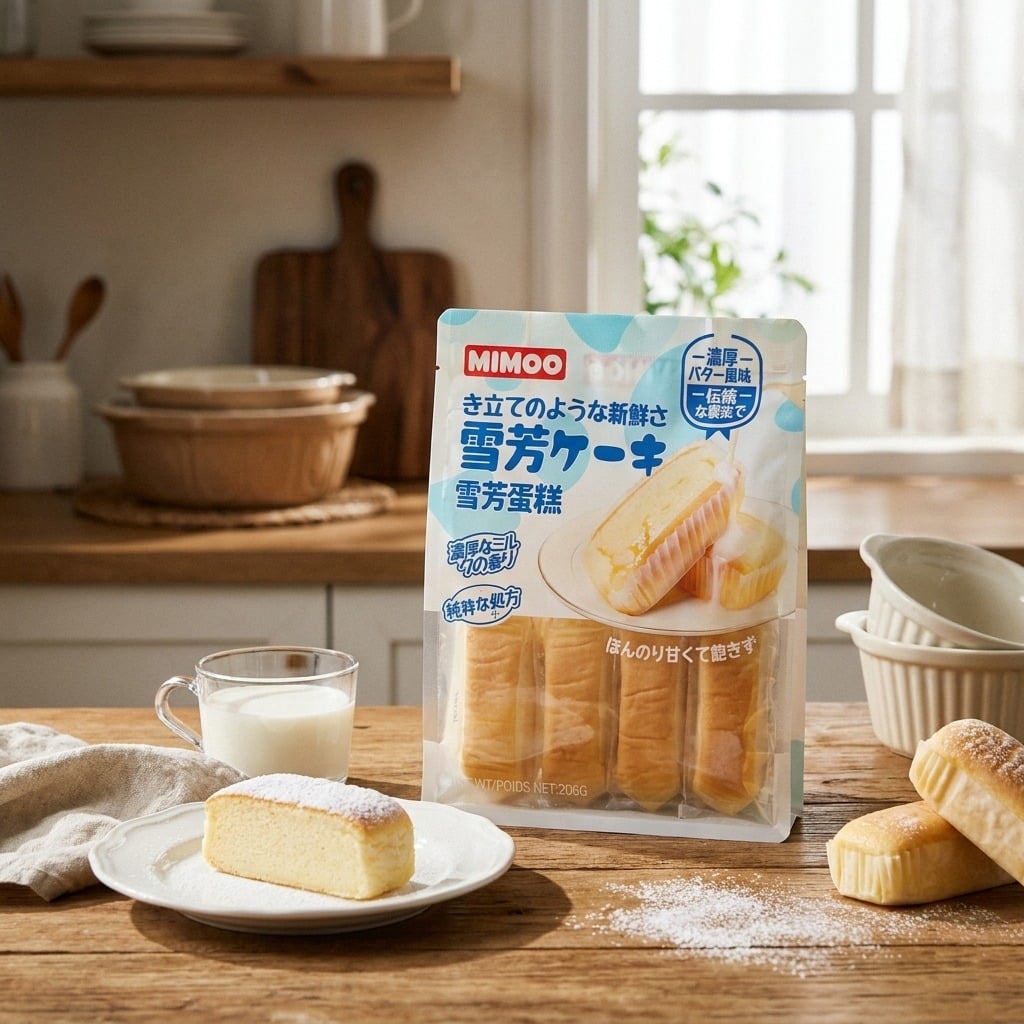 mimoosoufflecake206glifestyle | Snack Affair Archives Package of MIMO0雪芳ケーキ slices on a wooden kitchen table, with a plate of cake and a glass of milk nearby in a sunlit kitchen