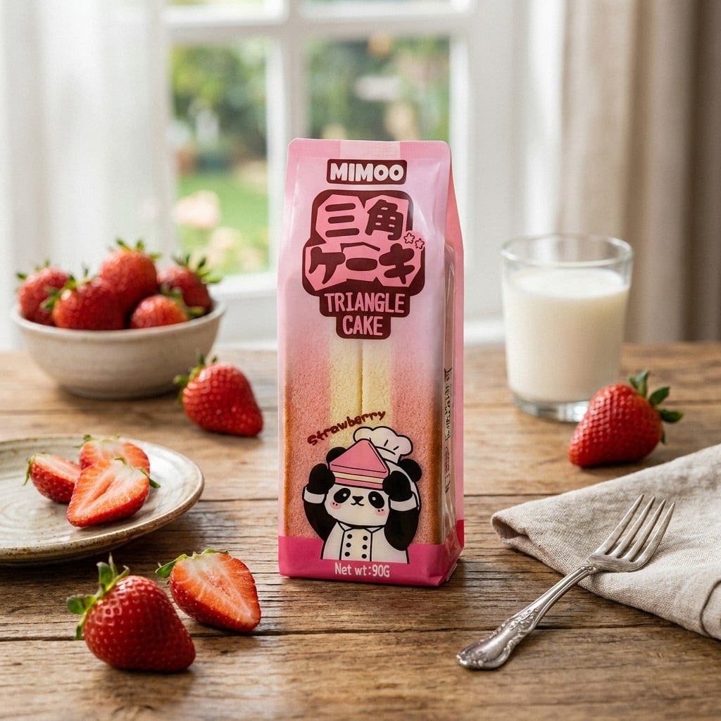 mimootrianglecake90glifestyle | Snack Affair Archives Pink Mimoo triangle cake packaging with a panda illustration on a wooden table, surrounded by fresh strawberries and a glass of milk.