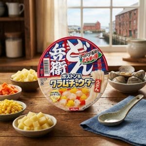 Archives Cup noodle cup with colorful fruit toppings on a wooden table, surrounded by bowls of diced vegetables in a bright kitchen window scene.