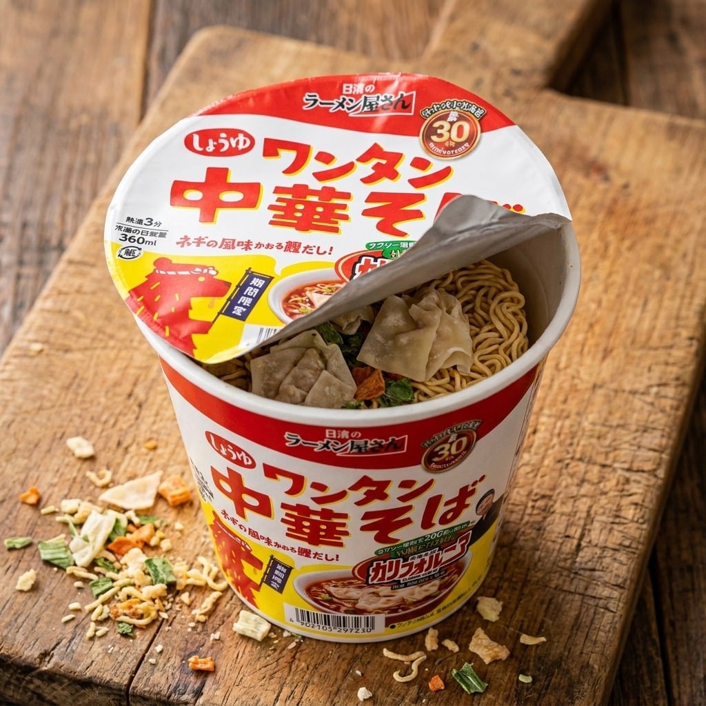 nissinramenyasanshoyuwantanchukasoba360mlcloseup | Snack Affair Archives Open cup ramen on a wooden surface, exposing noodles and dumplings inside the red-yellow Japanese packaging.
