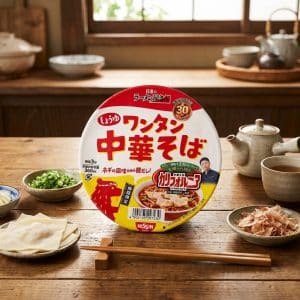 Archives Cup of instant ramen on a wooden table with bowls and chopsticks nearby; red and white Japanese packaging is prominent.