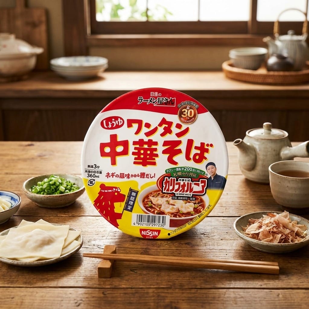 nissinramenyasanshoyuwantanchukasoba360mllifestyle | Snack Affair Archives Cup of instant ramen on a wooden table with bowls and chopsticks nearby; red and white Japanese packaging is prominent.