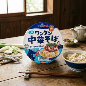 Archives Product shot of a Nissin instant ramen cup with Japanese text on a wooden table, surrounded by chopsticks and bowls of food