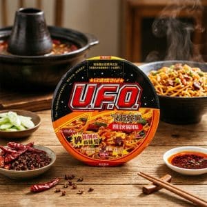Archives Instant noodle cup in center with bold red and black packaging, surrounded by chili peppers, spices, and a steaming noodle dish in the background.