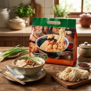 Archives Box of instant noodles on a kitchen table with a prepared noodle bowl, scallions, and uncooked noodles nearby.