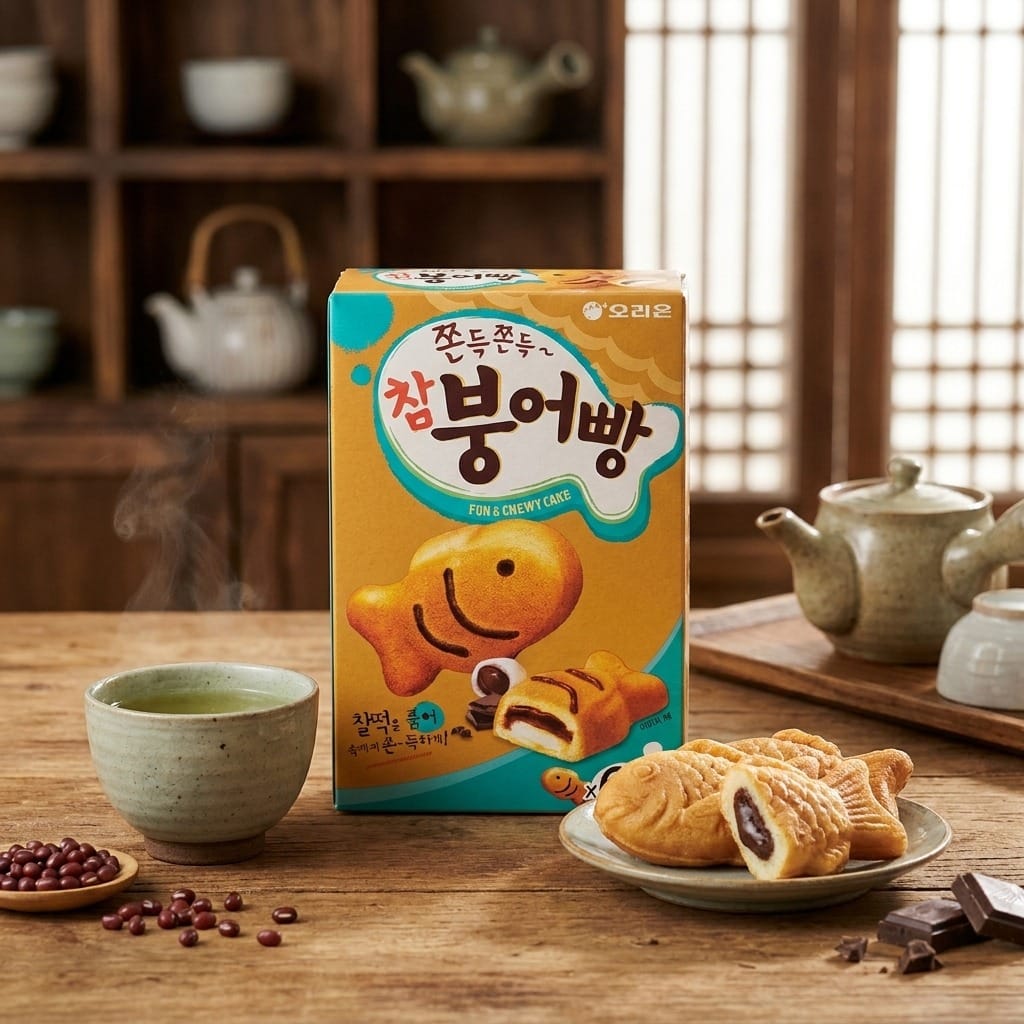 orionchambungeoppang6pieceslifestyle | Snack Affair Archives Korean snack box with a smiling pastry illustration on a wooden table, beside a plate of filled pastries and a steaming cup of tea.
