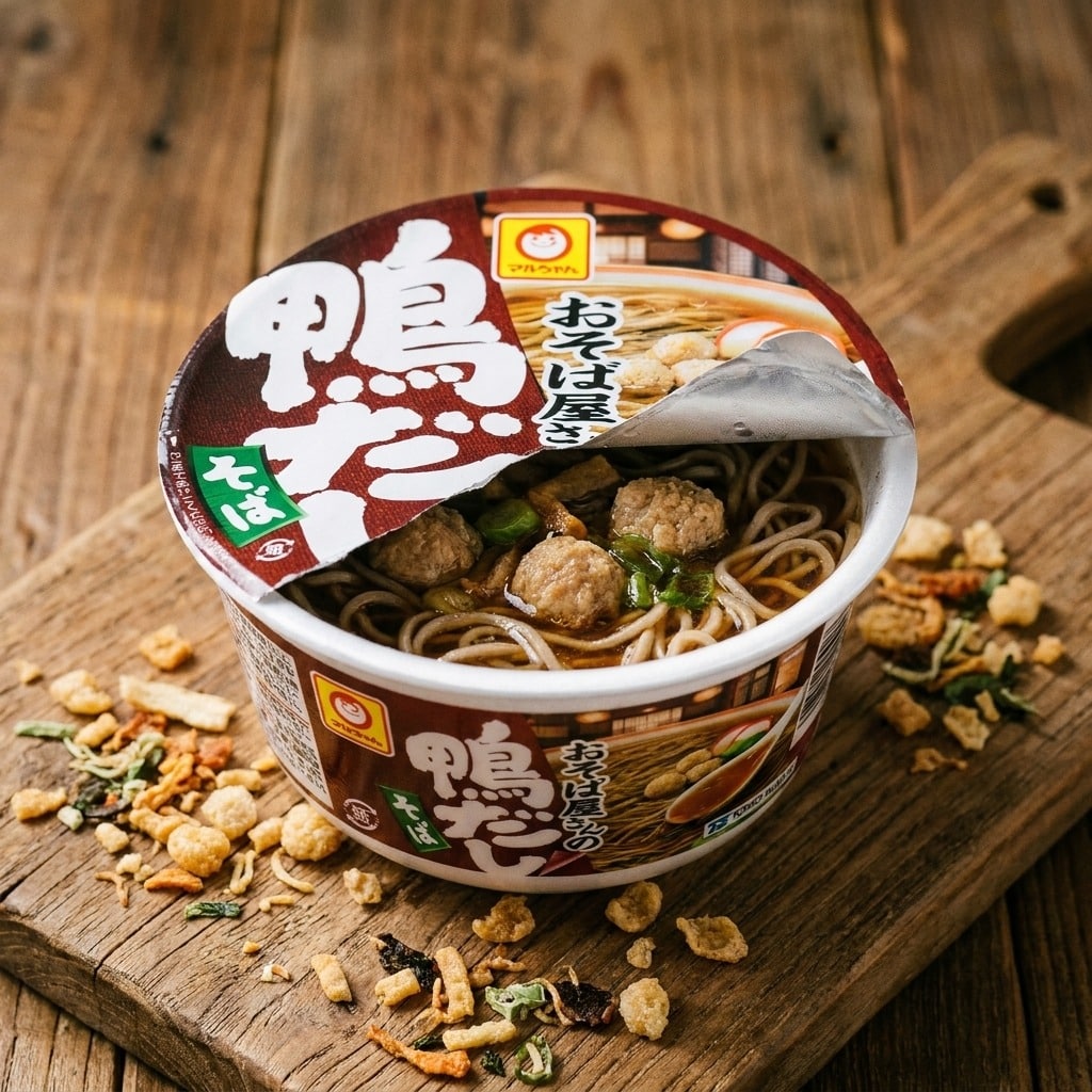 toyosuisanmaruchankamodashisobatempuratsuyunomotocloseup | Snack Affair Archives Cup of instant noodles with a peeled-back lid on a wooden board; toppings scattered around the cup edge, Japanese text on the packaging.