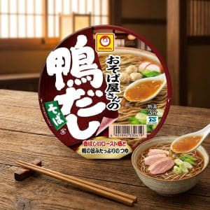 Archives Round Japanese soba noodle cup with rich broth and toppings, brand logo and bold Japanese text on red packaging, placed beside a prepared soba bowl.