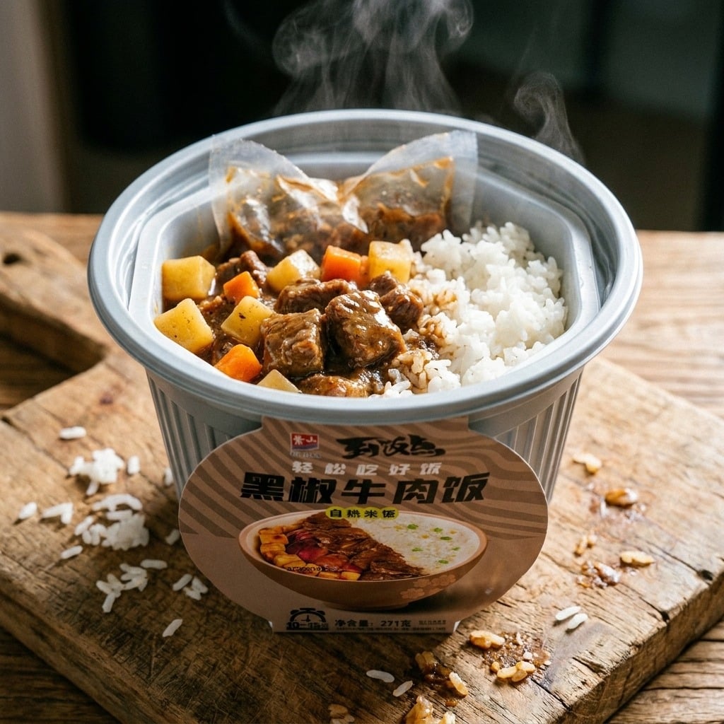 zishanblackpepperbeefrice271gcloseup | Snack Affair Archives Steam rising beef curry with potatoes and carrots over white rice in a gray disposable bowl on a wooden board