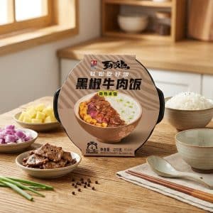 Archives Product packaging for Black Pepper Beef Rice instant meal displayed on a wooden table with bowls of potatoes, onions, and rice nearby.